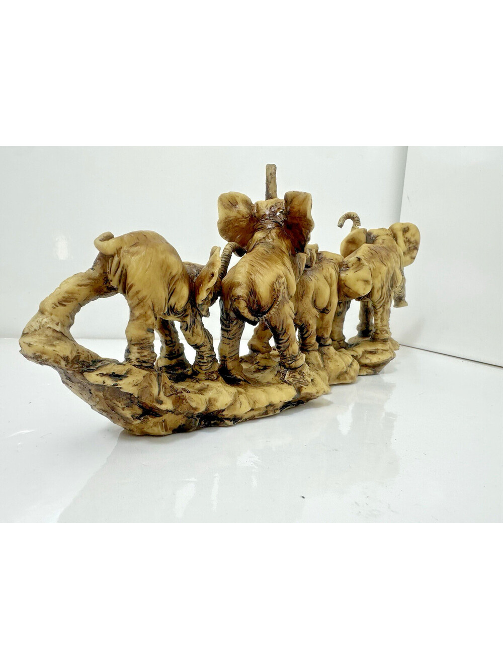 16" Elephant Family Herd Statue Lucky Feng Shui Resin Faux Carved Bone Figurine